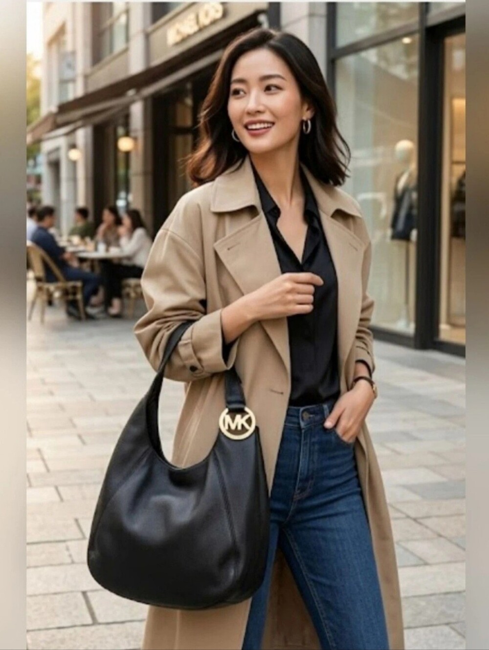 Michael Michael Kors Black Leather Shoulder Hobo with MK Charm